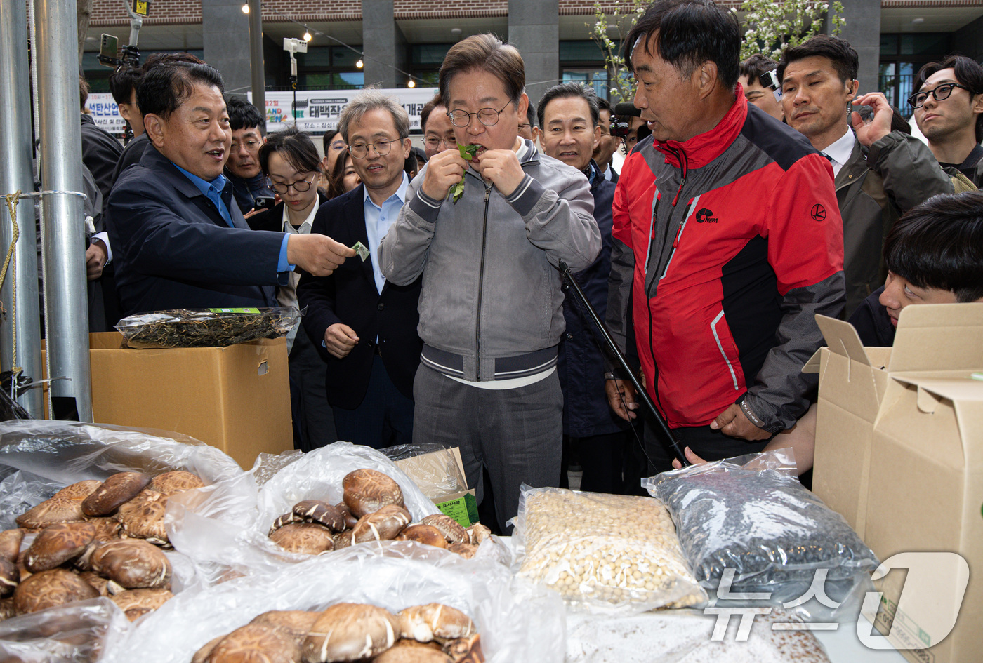 (태백=뉴스1) 이재명 기자 = '골목골목 경청투어 : 동해안벨트편'에 나선 이재명 더불어민주당 대통령 후보가 3일 오후 강원 태백시 장성탄탄마당 일원에서 열린 2025년 태백 천 …