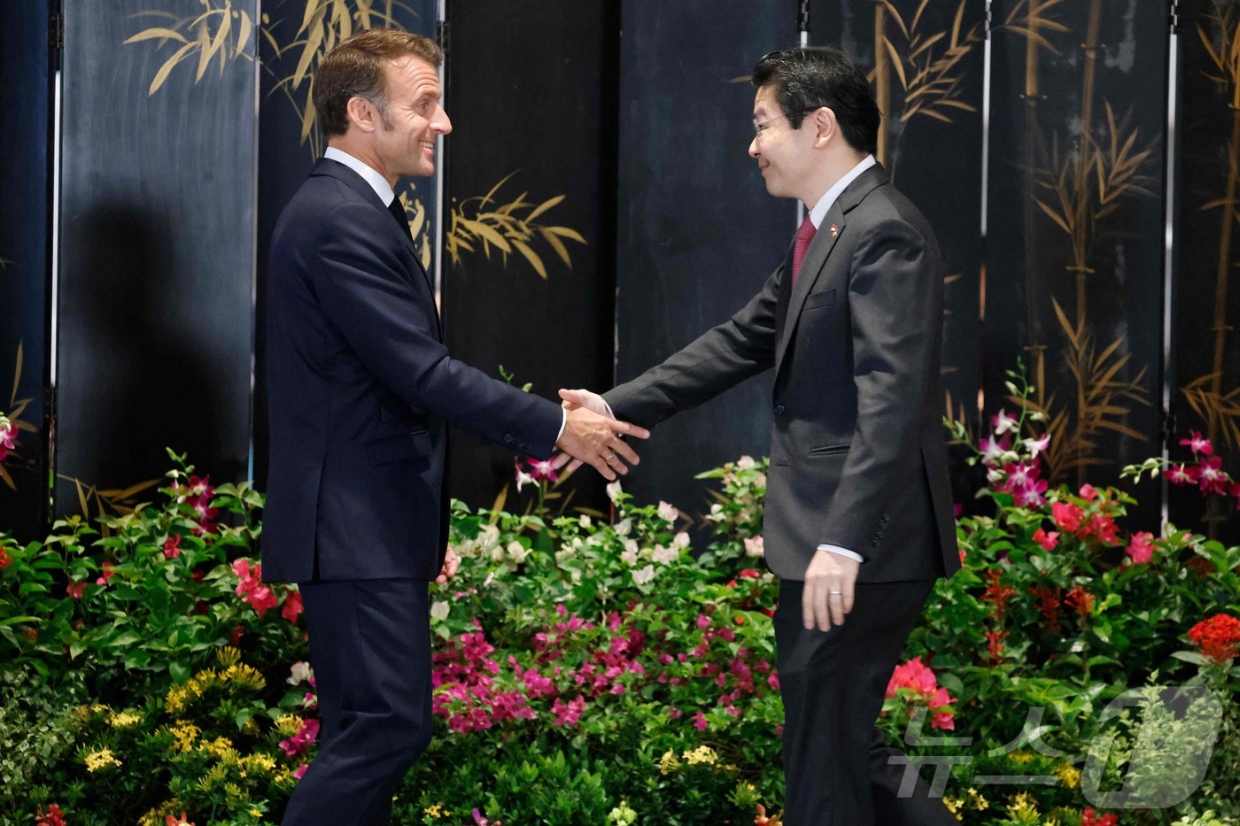 (싱가포르 AFP=뉴스1) 권영미 기자 = 싱가포르를 방문 중인 에마뉘엘 마크롱 프랑스 대통령이 30일 로런스 웡 싱가포르 총리를 만나 악수하고 있다. 2025.05.30.ⓒ AF …