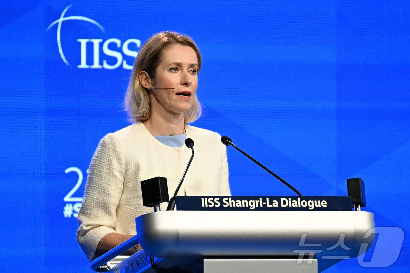 (싱가포르 AFP=뉴스1) 김지완 기자 = 31일(현지시간) 카야 칼라스 유럽연합(EU) 외교안보 고위대표가 싱가포르에서 열린 제22차 아시아안보회의(샹그릴라 대화)에 참석해 연설 …