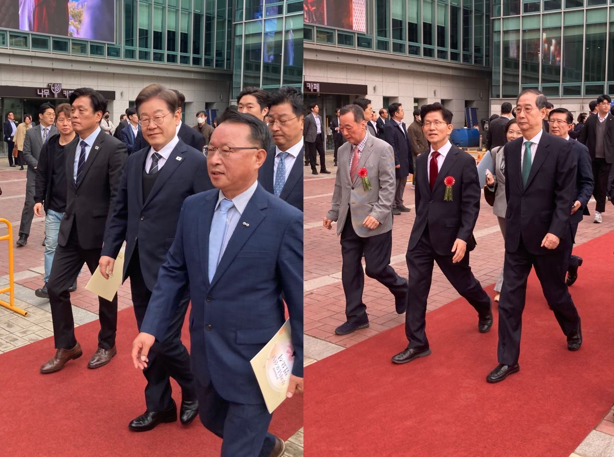 본문 이미지 - 이재명 더불어민주당 대통령 후보 그리고 한덕수 무소속 대통령 선거 예비후보와 김문수 국민의힘 대통령 후보가 5일 오전 10시 서울 조계사에서 열린 봉축법요식에 입장하고 있다. 2025.5.5/뉴스1 @News1 박정환 기자