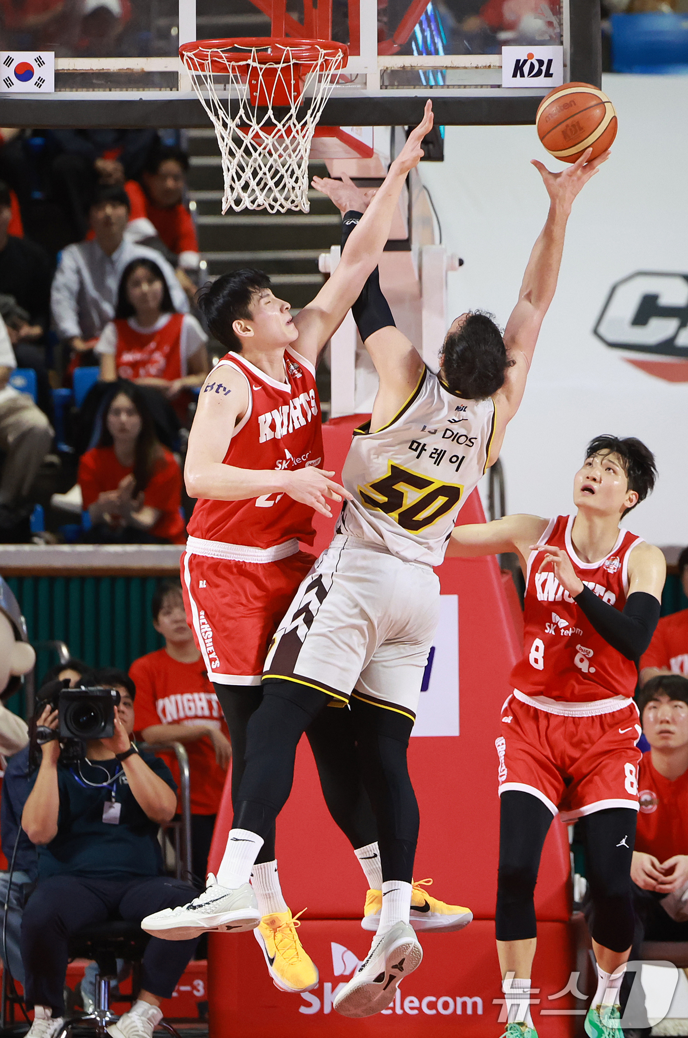 (서울=뉴스1) 김진환 기자 = 어린이날인 5일 서울 송파구 잠실학생체육관에서 열린 '2024-25 KCC 프로농구 챔피언결정전 1차전' 서울 SK 나이츠와 창원 LG 세이커스의 …