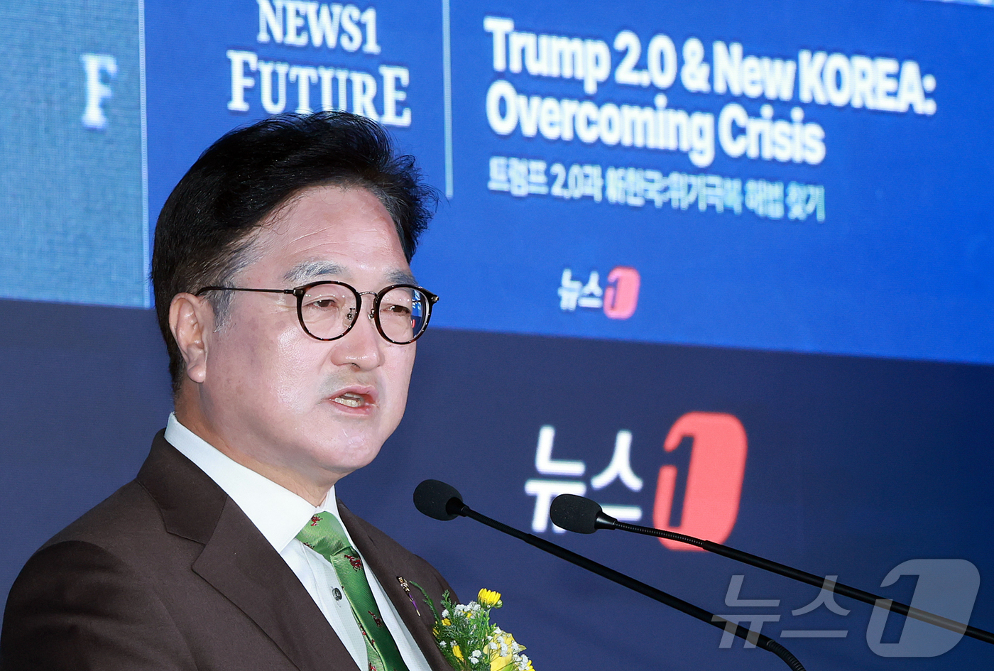 (서울=뉴스1) 김진환 기자 = 우원식 국회의장이 7일 서울 여의도 페어몬트 호텔에서 열린 뉴스1 미래포럼에서 축사를 하고 있다.‘트럼프 2.0과 新한국:위기 극복 해법 찾기’를 …