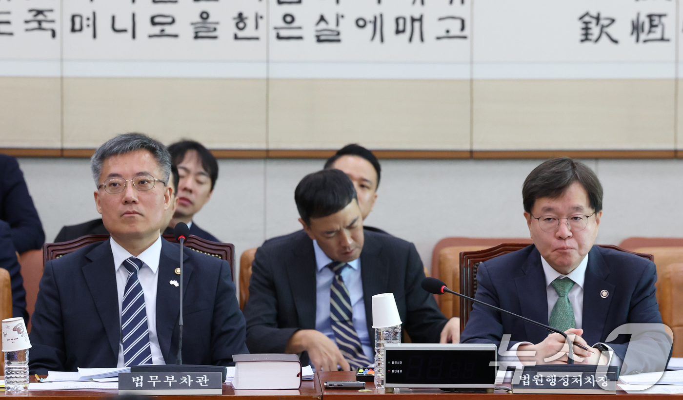 (서울=뉴스1) 이광호 기자 = 김석우 법무부차관과 배형원 법원행정처차장이 7일 오전 서울 여의도 국회에서 열린 법제사법위원회 제1차 법안심사제1소위워회에 출석해 있다. 2025. …