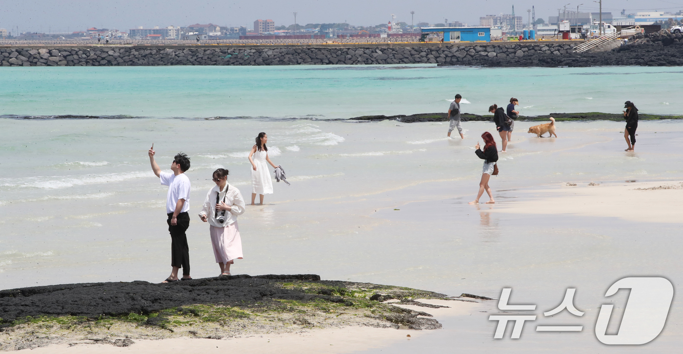(제주=뉴스1) 오현지 기자 = 맑은 날씨를 보인 7일 오후 제주시 한림읍 협재해수욕장에서 관광객들이 가벼운 옷차림으로 즐거운 시간을 보내고 있다. 2025.5.7/뉴스1