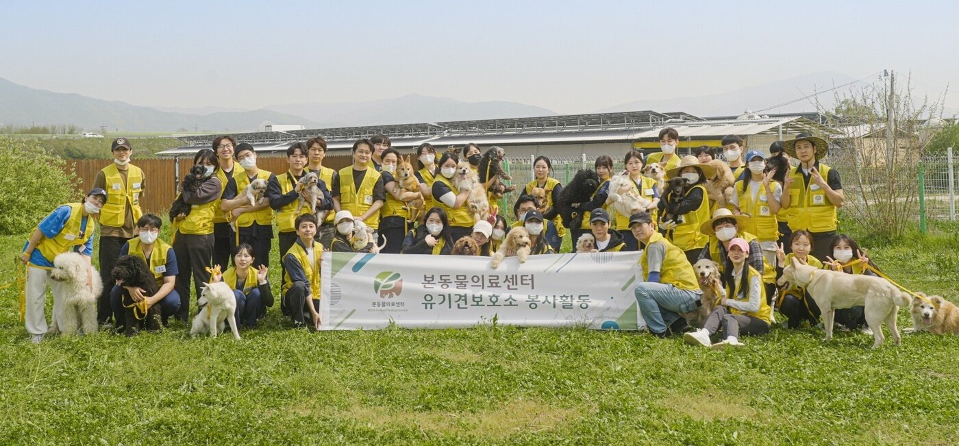 본문 이미지 - 본동물의료센터 임직원과 내추럴발란스 블루엔젤봉사단이 안성 평강공주 보호소에서 봉사활동 진행 후 기념 사진을 찍고 있다&#40;동물병원 제공&#41;. ⓒ 뉴스1