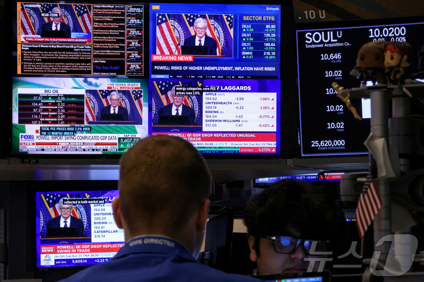 (뉴욕 로이터=뉴스1) 신기림 기자 = 7일 미국 뉴욕증권거래소(NYSE) 트레이더들이 미국 연방준비제도(Fed) 의장 제롬 파월의 기자회견을 화면으로 중계되는 가운데 업무를 보고 …