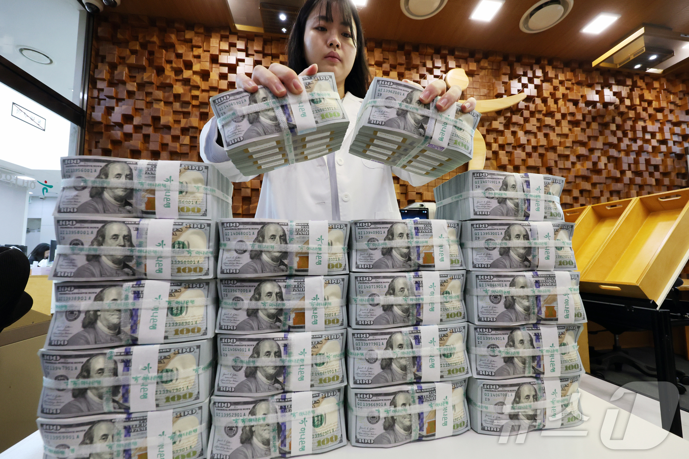 (서울=뉴스1) 황기선 기자 = 8일 서울 중구 하나은행 위변조대응센터에서 은행 관계자가 달러화를 정리하고 있다.이날 한국은행에 따르면 4월 말 외환보유액은 전월(4096.6억 달 …