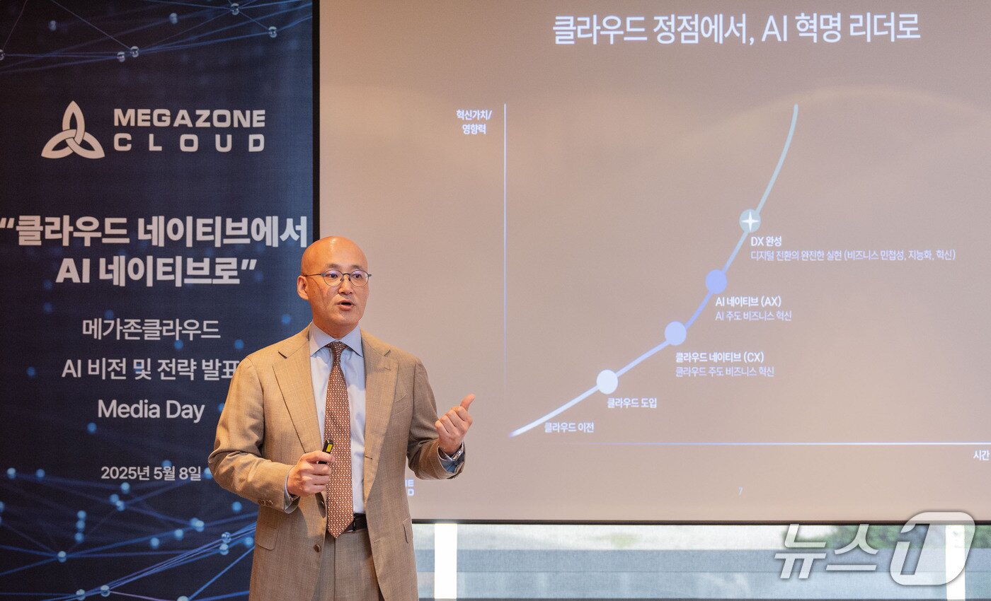 본문 이미지 - 염동훈 메가존클라우드 대표가 8일 웨스틴 조선 서울에서 열린 간담회에서 기업 비전을 발표하고 있다.(메가존 클라우드 제공)