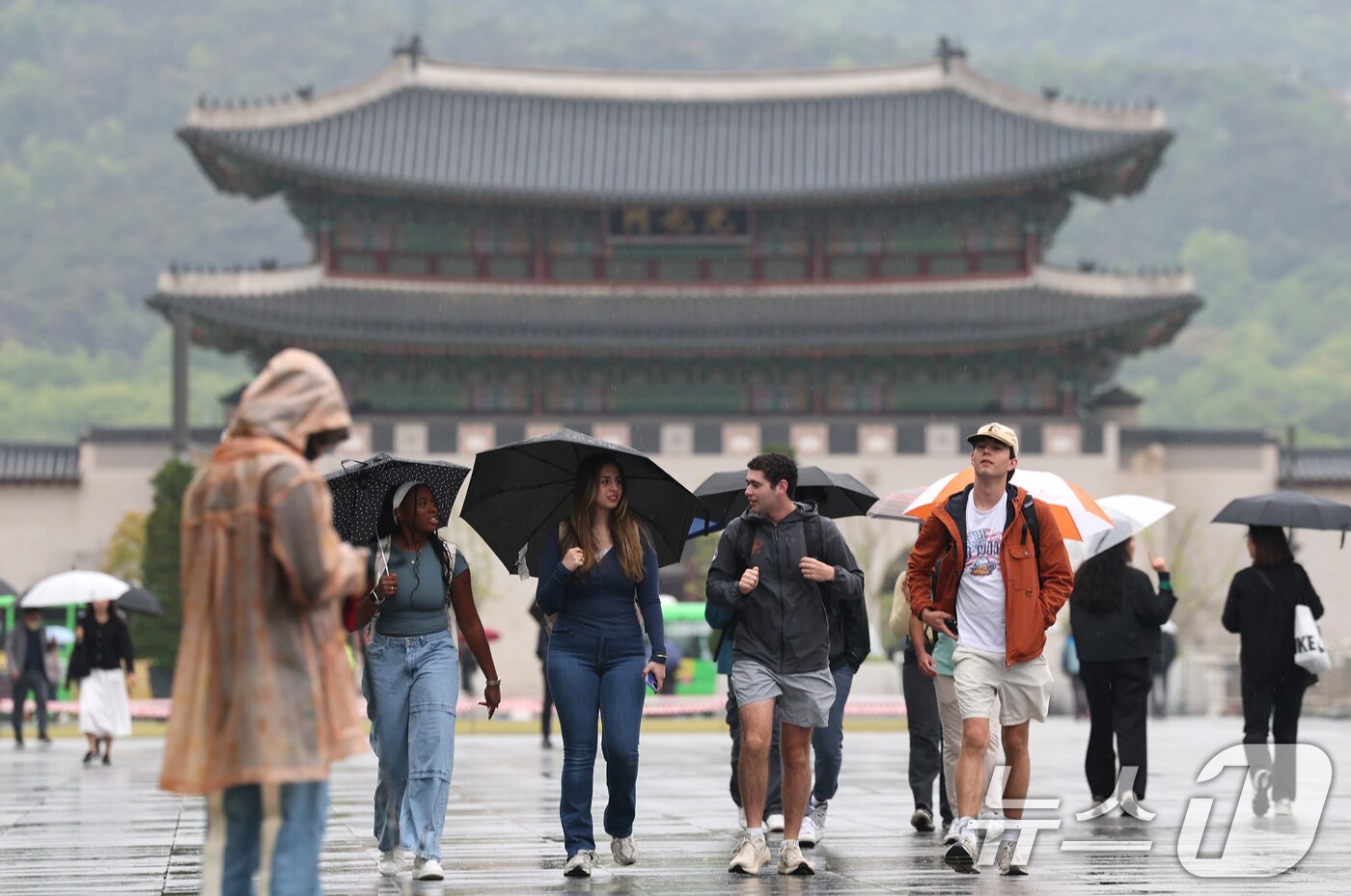 본문 이미지 - 전국 대부분 지역에 비가 내린 9일 오전 서울 광화문광장에서 우산을 쓴 외국인 관광객이 길을 걷고 있다. 2025.5.9/뉴스1 ⓒ News1 임세영 기자