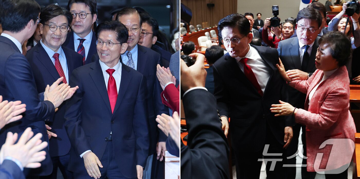 본문 이미지 - 김문수 국민의힘 대통령 후보가 9일 서울 여의도 국회에서 권영세 비대위원장, 권성동 원내대표와 의원총회에 입장하며 박수를 받는 모습&#40;왼쪽&#41;과 김 후보가 지도부를 향해 &#34;무소속을 당 후보 만들려 불법부당 수단 동원, 중단하라＂며 입장을 밝힌 뒤 의총장을 떠나자 의원들이 붙잡는 모습. 2025.5.9/뉴스1 ⓒ News1 김민지 기자,안은나 기자
