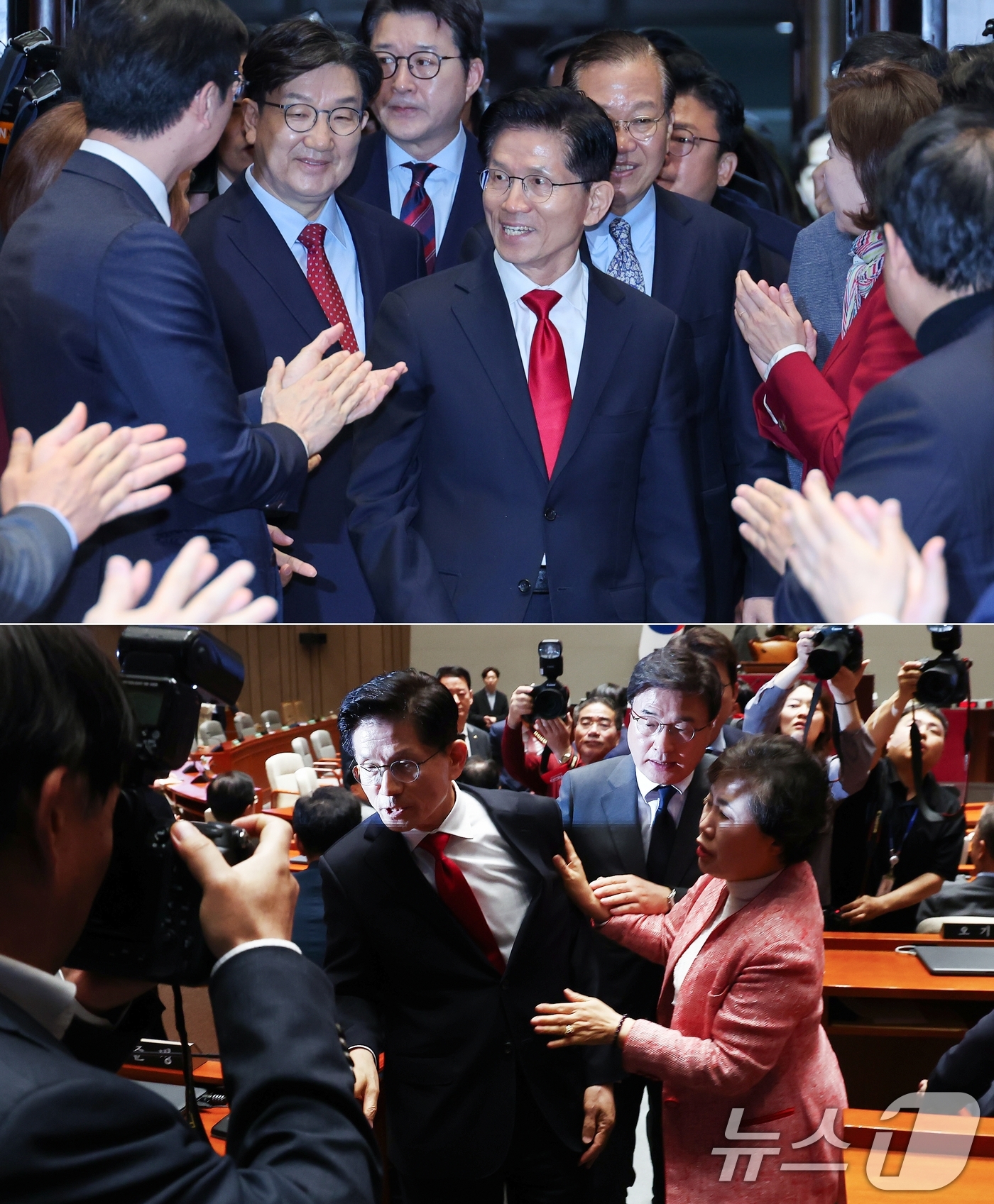 (서울=뉴스1) 김민지 안은나 기자 = 김문수 국민의힘 대통령 후보가 9일 서울 여의도 국회에서 권영세 비대위원장, 권성동 원내대표와 의원총회에 입장하며 박수를 받는 모습(위)과 …