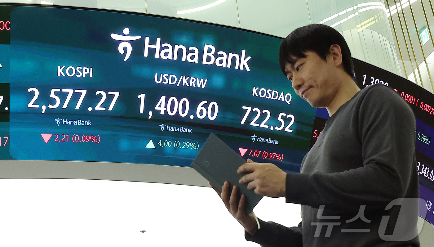 (서울=뉴스1) 김진환 기자 = 9일 서울 중구 하나은행 본점 딜링룸 전광판에 코스피 종가 현황이 표시돼 있다.이날 코스피는 전 거래일 종가와 비교해 2.21포인트(p)(0.09% …