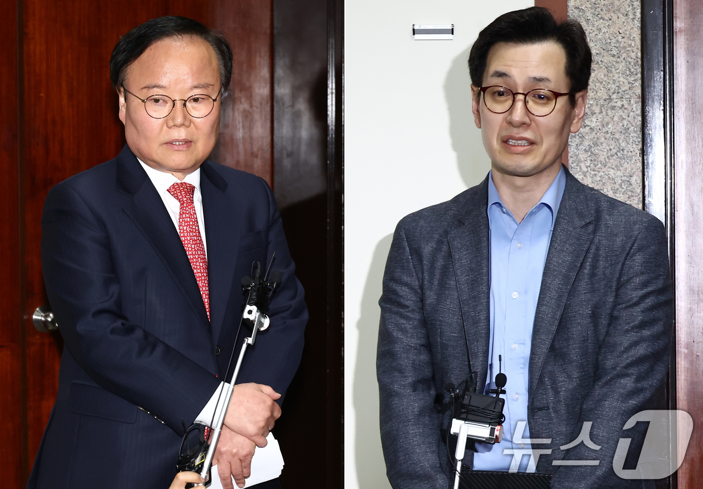 (서울=뉴스1) 김민지 기자 = 김문수 국민의힘 대통령 후보 대리인인 김재원 비서실장(왼쪽)과 한덕수 무소속 대선 예비후보 대리인인 손영택 전 국무총리 비서실장이 9일 서울 여의도 …