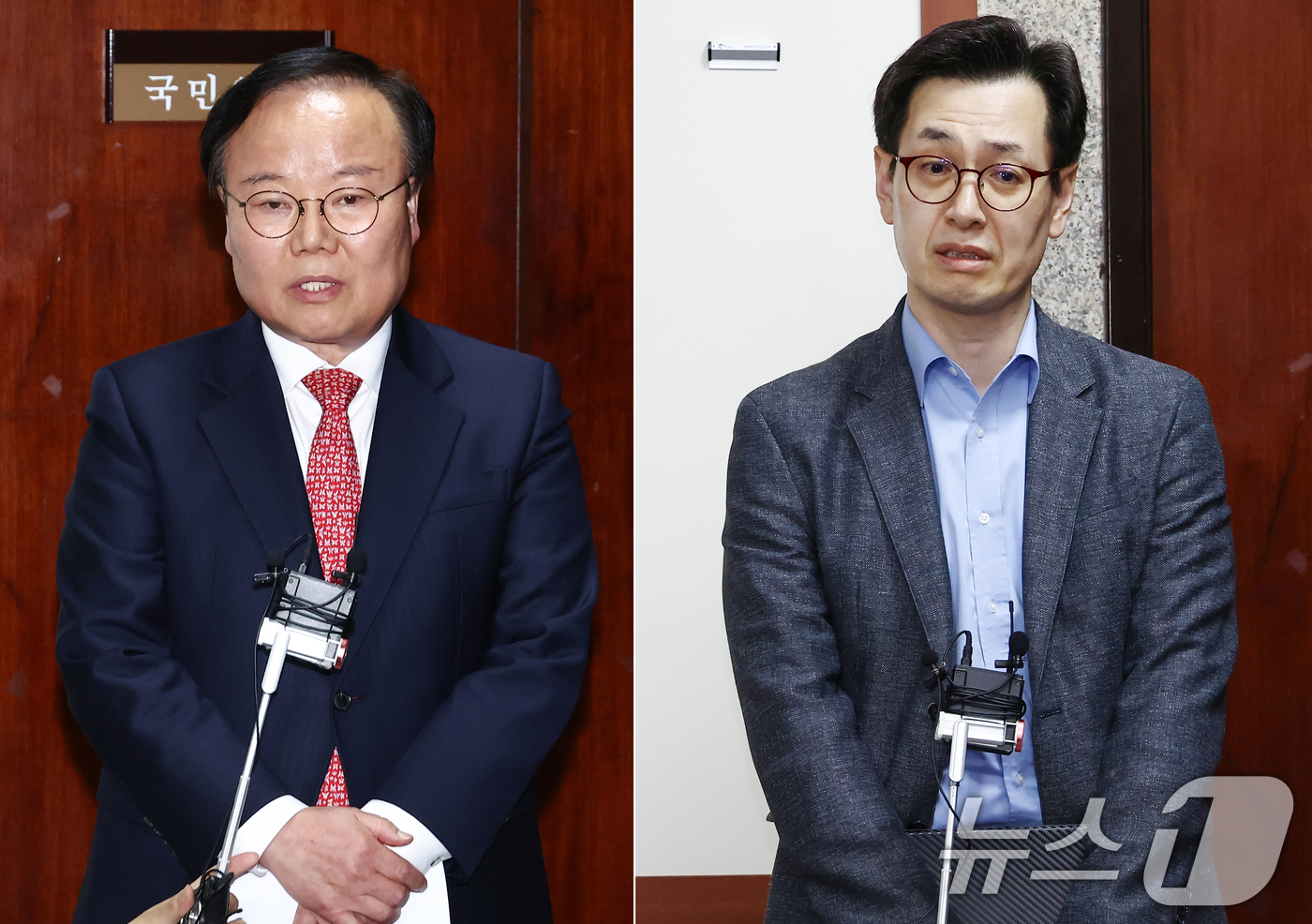 (서울=뉴스1) 김민지 기자 = 김문수 국민의힘 대통령 후보 대리인인 김재원 비서실장(왼쪽)과 한덕수 무소속 대선 예비후보 대리인인 손영택 전 국무총리 비서실장이 9일 서울 여의도 …