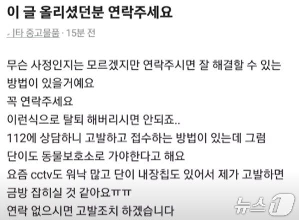 본문 이미지 - 지난해 당근 중고거래 게시판에서 한 이용자가 강아지를 단기간 맡아줄 사람을 구한 뒤 잠적하자 강아지를 맡은 이용자가 그를 찾는 게시글을 올렸다. (온라인 커뮤니티 갈무리)