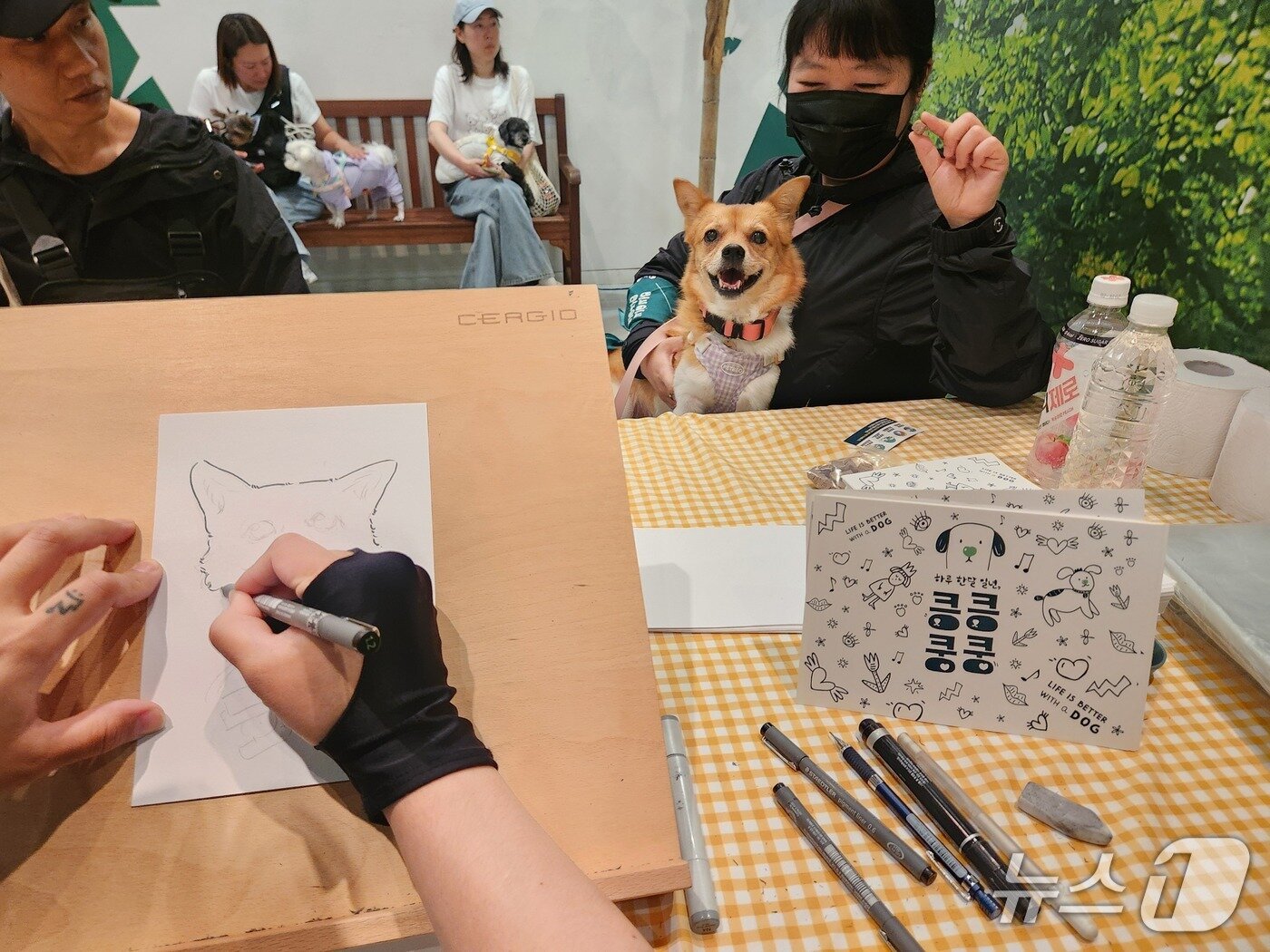 본문 이미지 - 반려견 캐리커쳐 프로그램에 참여하는 보호자와 강아지 ⓒ 뉴스1 한송아 기자