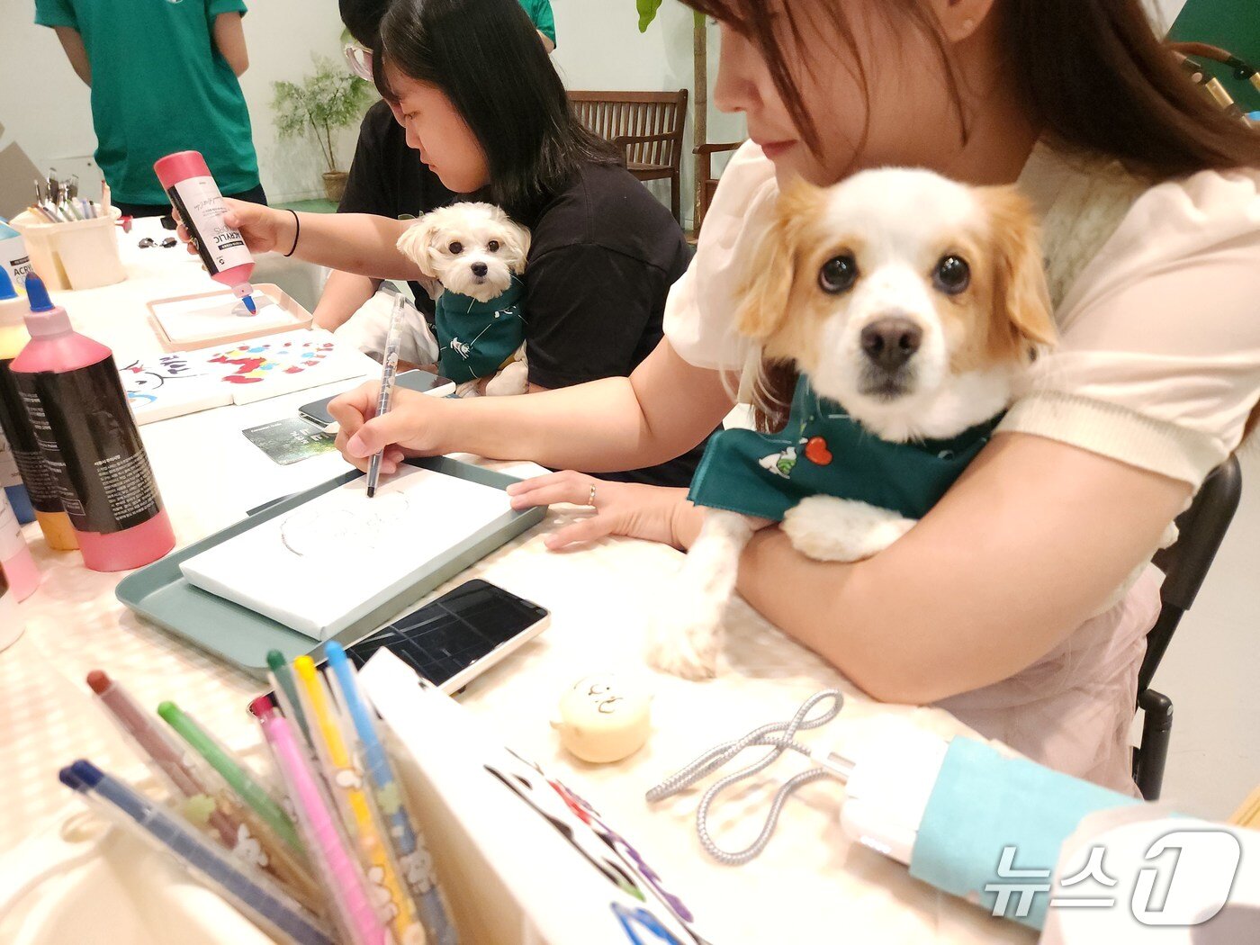 본문 이미지 - 아트존에서는 보호자가 물감으로 밑그림을 그린 후 반려견이 발도장을 찍어 작품을 완성하는 체험 프로그램이 진행됐다. ⓒ 뉴스1 한송아 기자