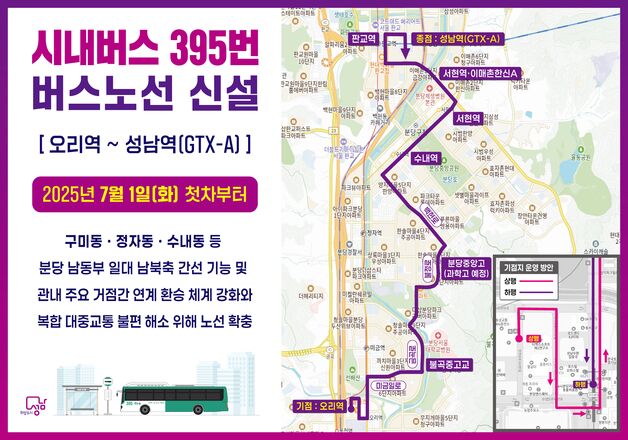성남시, 분당 남북 연결 시내버스 395번 신설…7월1일 첫 운행