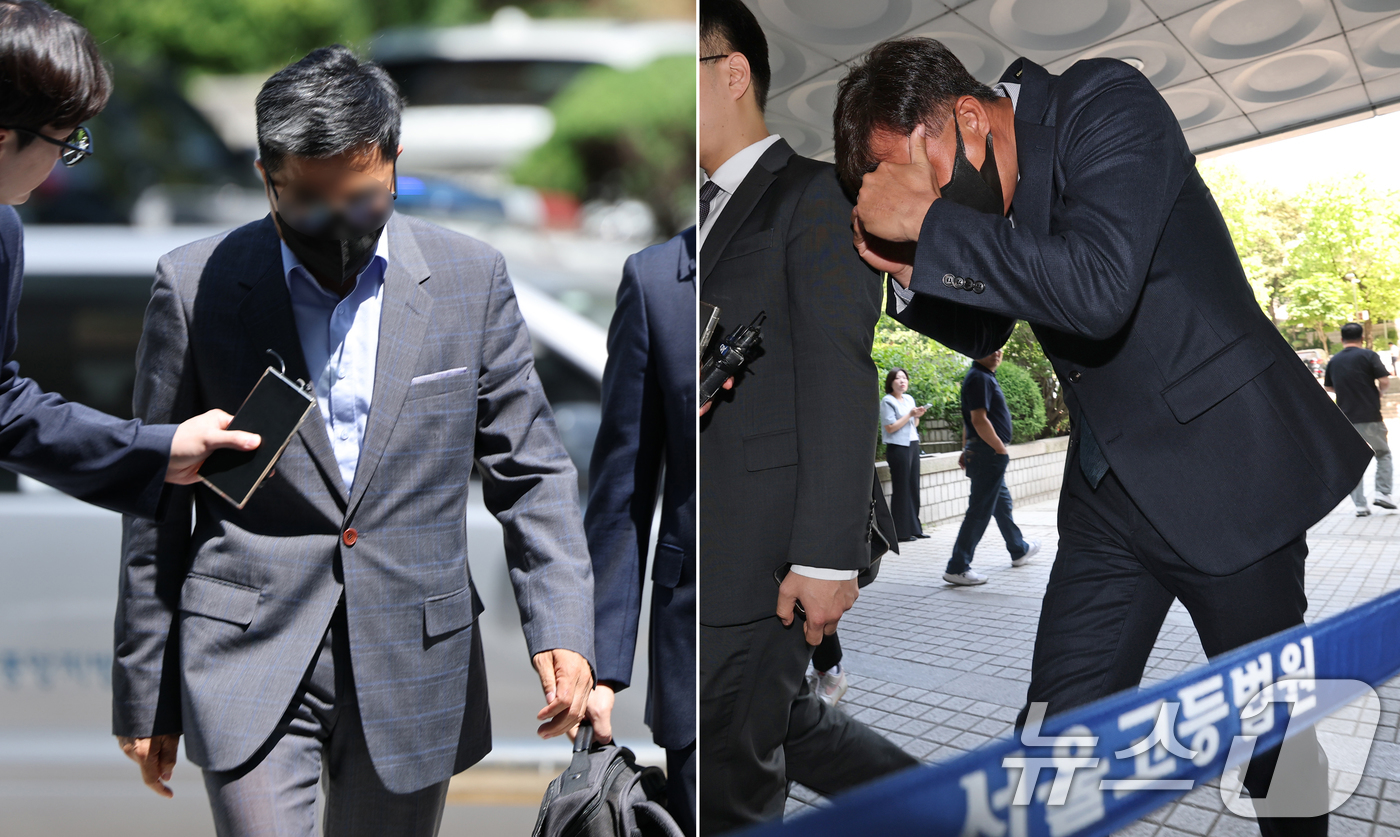 (서울=뉴스1) 오대일 기자 = 880억 원대 부당대출 의혹을 받는 IBK기업은행 직원 조 모 씨(왼쪽)와 전 직원 김 모 씨가 11일 오전 서울 서초구 서울중앙지방법원에서 열린 …