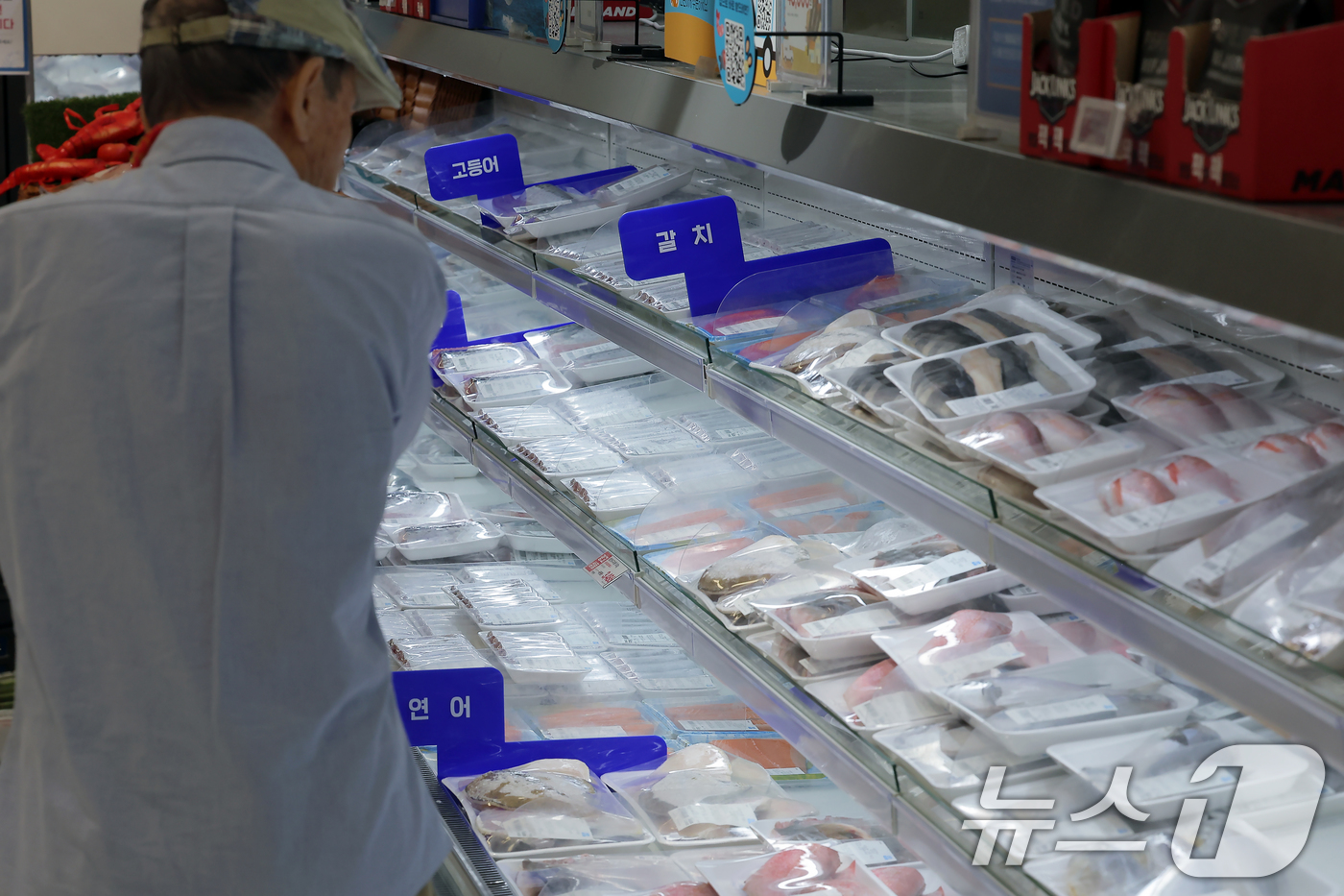 (서울=뉴스1) 박정호 기자 = ‘대한민국 수산대전-여름맞이 특별전’이 시작된 11일 서울 시내 대형마트를 찾은 고객들이 수산물을 고르고 있다.해양수산부는 소비자 장바구니 물가 부 …