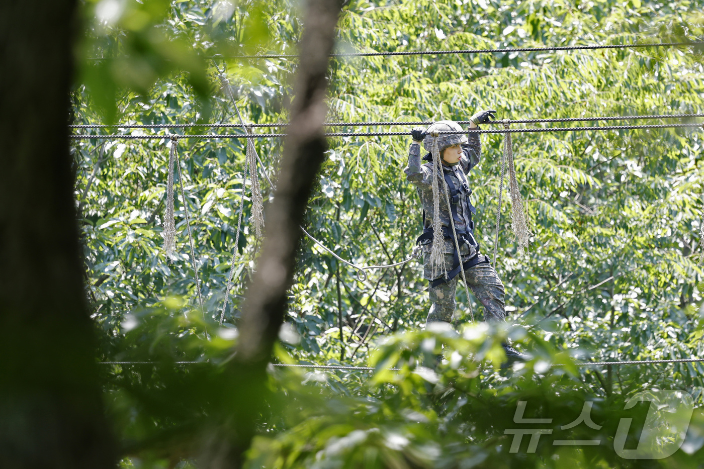 (화순=뉴스1) 김태성 기자 = 11일 국군간호사관학교 생도들이 전남 화순군 육군보병학교 동복유격훈련장에서 장애물극복훈련을 하고 있다. 2025.6.11/뉴스1