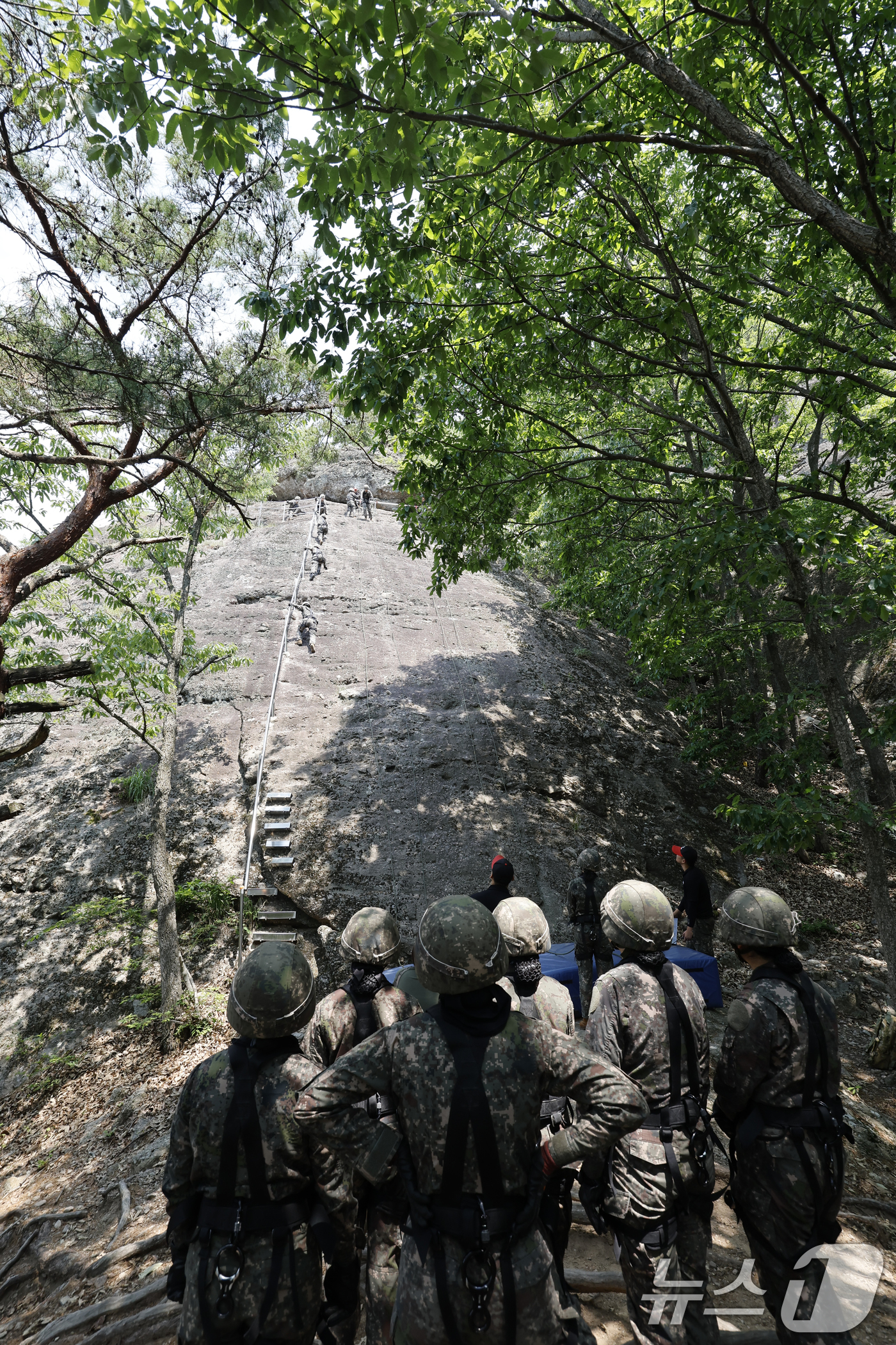 (화순=뉴스1) 김태성 기자 = 11일 국군간호사관학교 생도들이 전남 화순군 육군보병학교 동복유격훈련장에서 장애물극복훈련으로 암벽 하강을 하고 있다. 2025.6.11/뉴스1
