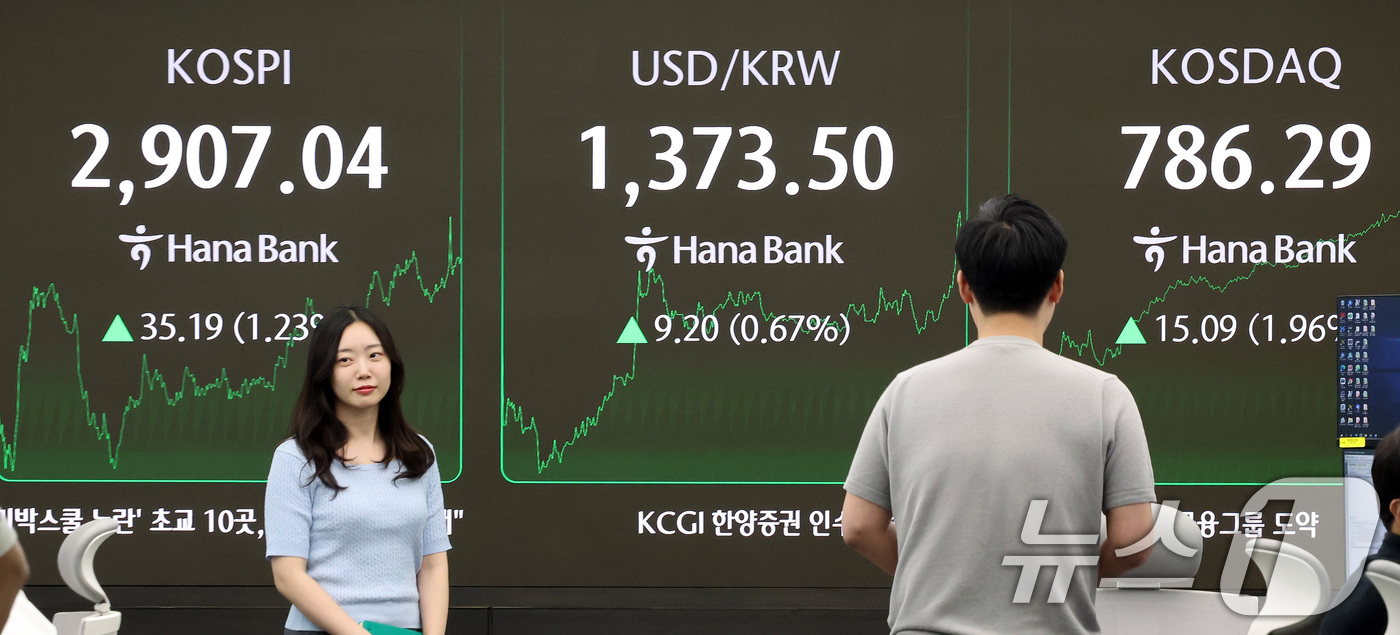 (서울=뉴스1) 이동해 기자 = 코스피가 3년 5개월 만에 2,900선을 넘어선 11일 오후 서울 중구 하나은행 본점 딜링룸 전광판에 종가가 표시되고 있다.이날 코스피 지수는 전 …