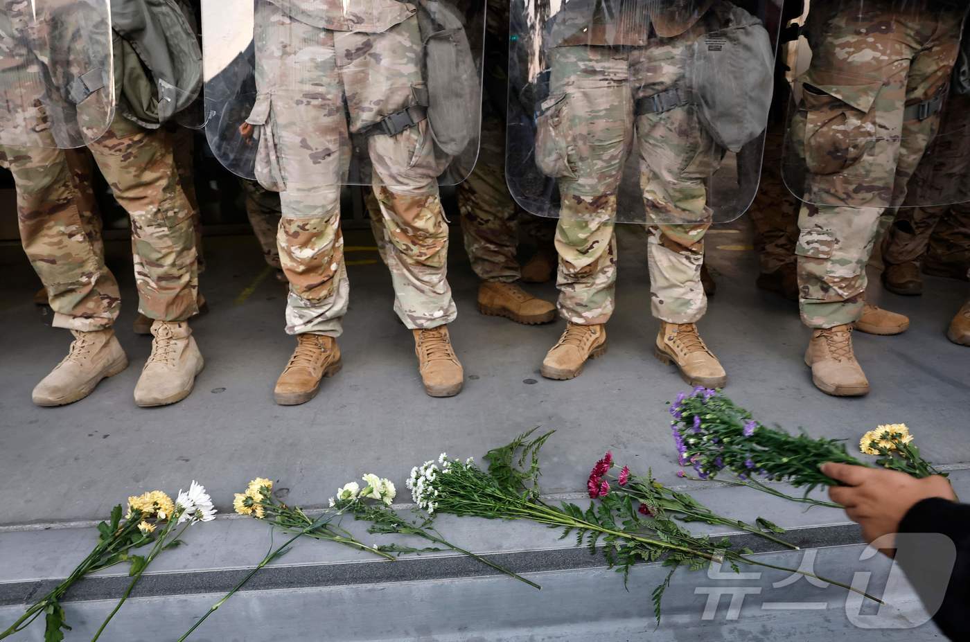 (AFP=뉴스1) 강민경 기자 = 2025년 6월 10일, 캘리포니아 로스앤젤레스에서 한 시위자가 연방 건물을 지키고 있는 캘리포니아 주 방위군 대원들의 발치에 꽃을 놓고 있다. …