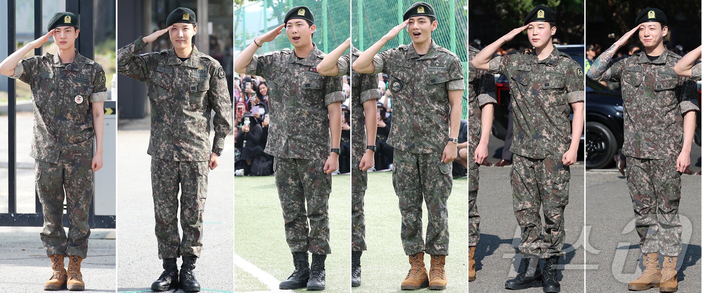 본문 이미지 - 방탄소년단&#40;BTS&#41;의 진&#40;왼쪽부터&#41;과 제이홉, RM,뷔 지민,정국이 국방의 의무를 마치고 현역 만기 전역했다. ⓒ News1 권현진 기자