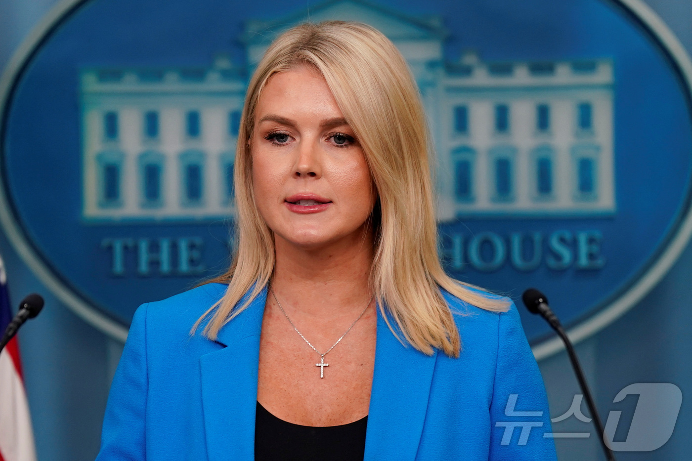 (워싱턴DC 로이터=뉴스1) 류정민 특파원 = 캐롤라인 레빗 미국 백악관 대변인이 11일(현지시간) 워싱턴DC 백악관에서 언론 브리핑을 하고 있다. 2025.06.11ⓒ 로이터=뉴 …