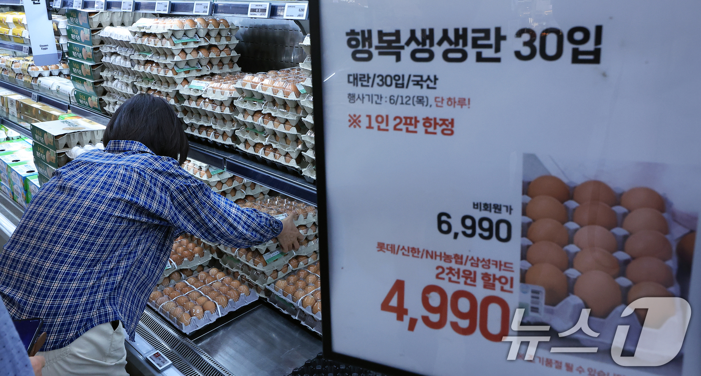 (서울=뉴스1) 박정호 기자 = 30입 계란 한 판 4,990원 단 하루 특가 행사가 열린 12일 오전 서울 중구 한강대로 롯데마트 제타플렉스 서울역점을 찾은 고객들이 계란을 구입 …