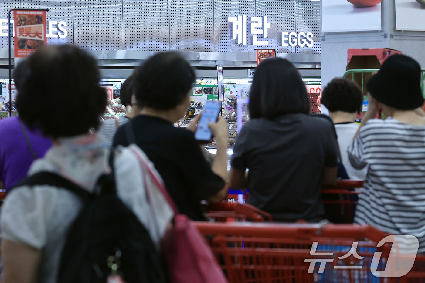 (서울=뉴스1) 박정호 기자 = 30입 계란 한 판 4,990원 단 하루 특가 행사가 열린 12일 오전 서울 중구 한강대로 롯데마트 제타플렉스 서울역점을 찾은 고객들이 마트 오픈을 …