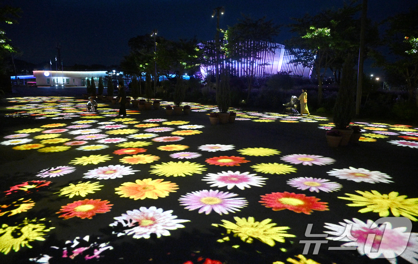 (서울=뉴스1) = 지난 11일 밤 경남 거창군 남상면 거창창포원에서 방문객들이 화려한 야간 조명과 함께 여름밤을 즐기고 있다. (거창군 제공. 재판매 및 DB 금지) 2025.6 …