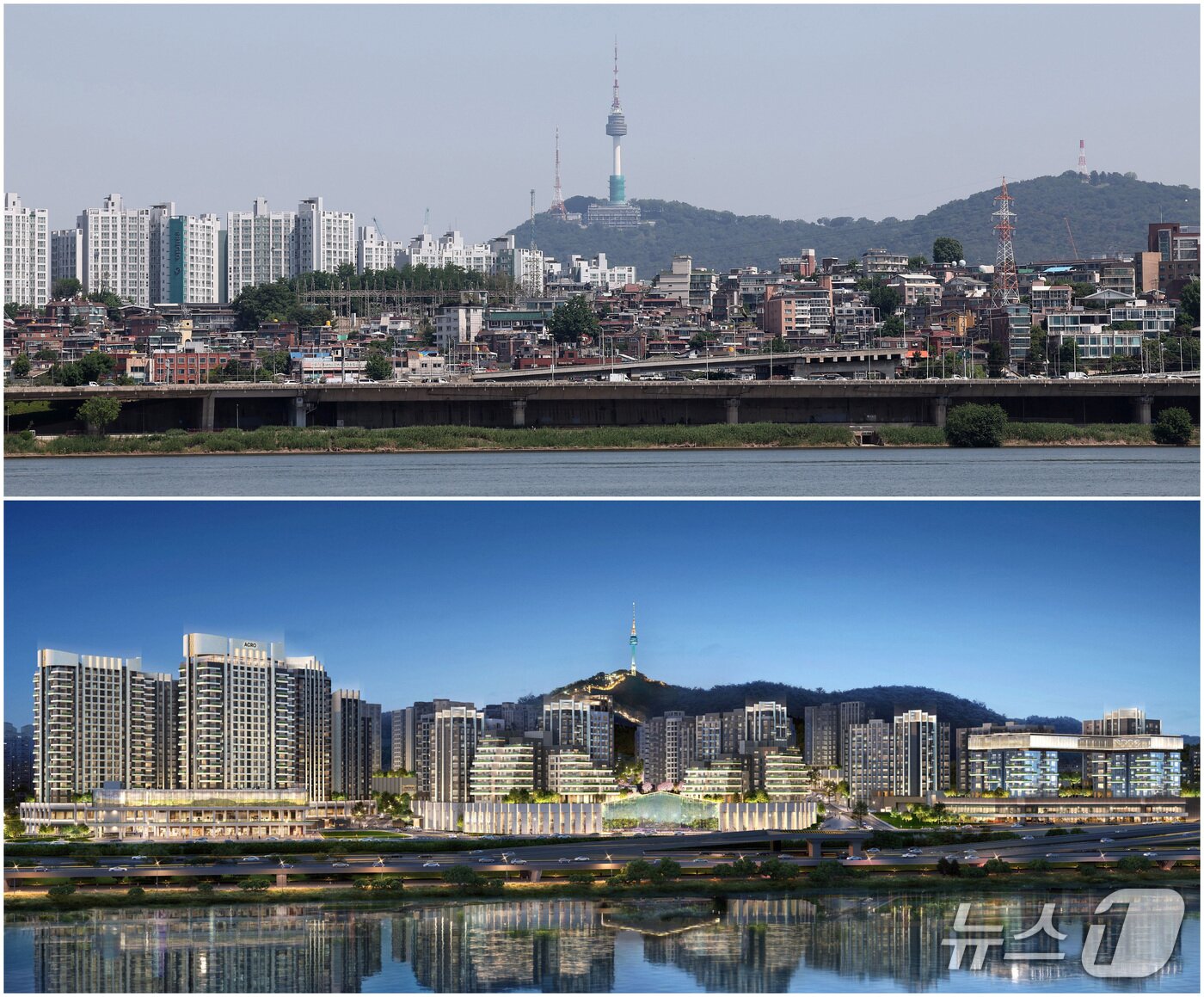 본문 이미지 - 11일 서울 반포한강공원에서 바라본 한남뉴타운 한남5구역의 모습&#40;위&#41;과 아크로 한남 단지 투시도 &#40;DL E&C 제공. 재판매 및 DB 금지&#41;