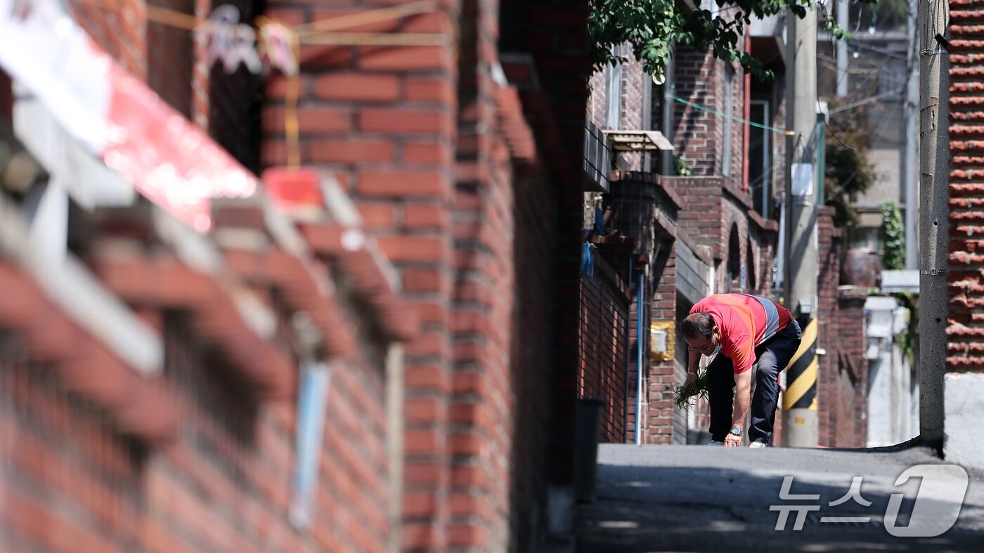 본문 이미지 - 11일 서울 용산구 한남5구역에서 한 어르신이 잡초를 뜯고 있다. 