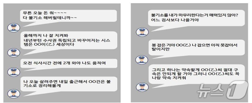 본문 이미지 - 정 모 경위가 A 씨에게 보낸 카카오톡, 문자메시지 내역&#40;검찰 제공&#41;