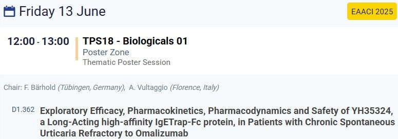 본문 이미지 - 유한양행이 EAACI 2025에서 알레르기 신약 후보물질 &#39;YH35324&#39; 연구 결과를 발표한다.&#40;EAACI 제공&#41;