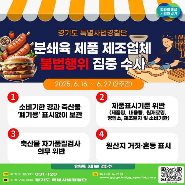 경기도 특사경, 분쇄육 제품 제조업체 360곳 수사…'햄버거병 예방'