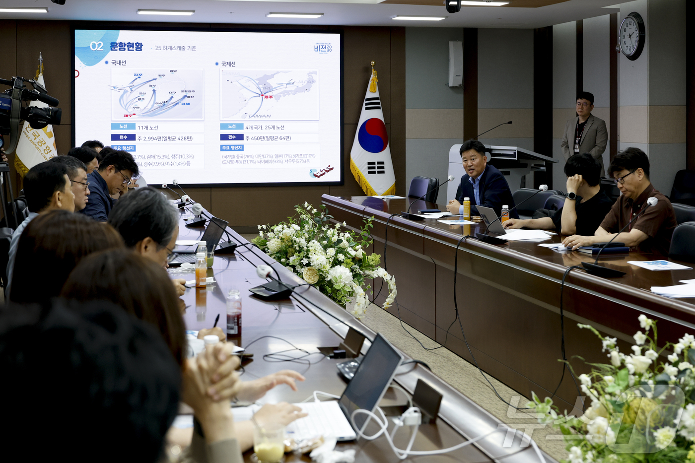 (제주=뉴스1) = 장세환 한국공항공사 제주공항장이 지난 12일 제주공항 공사 대회의실에서 열린 한국공항공사 제주국제공항 여객청사 및 상업시설 소개 행사에서 취재진 질문에 답하고 …