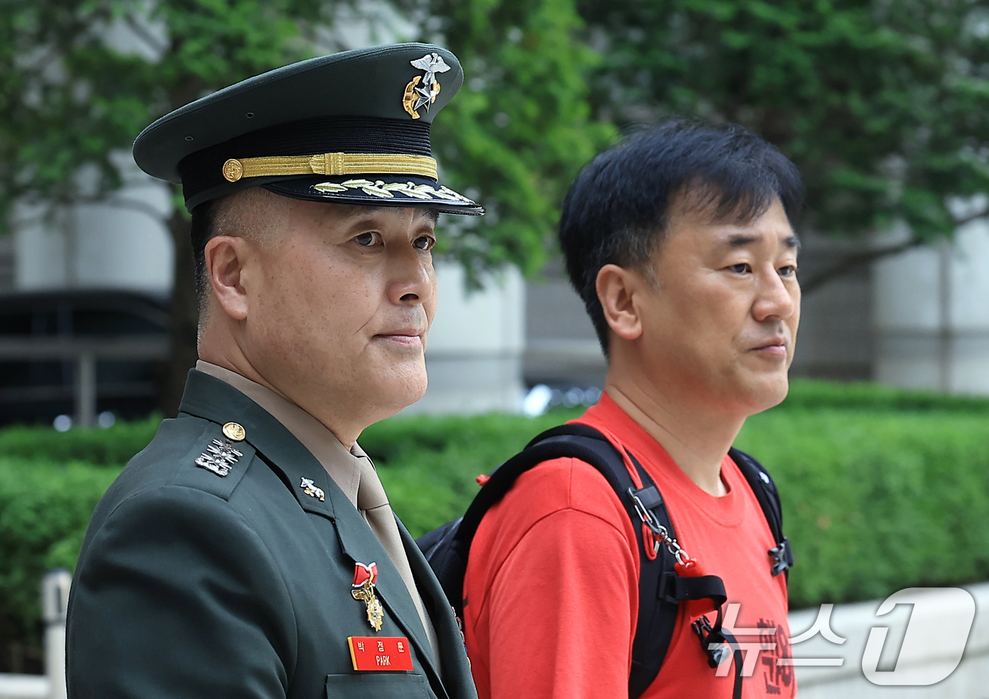 (서울=뉴스1) 박정호 기자 = 해병대 '채 상병 순직 사건'과 관련해 항명 및 상관명예훼손 혐의로 기소된 박정훈 전 해병대 수사단장(대령)이 13일 서울 서초구 서울고등법원에서 …