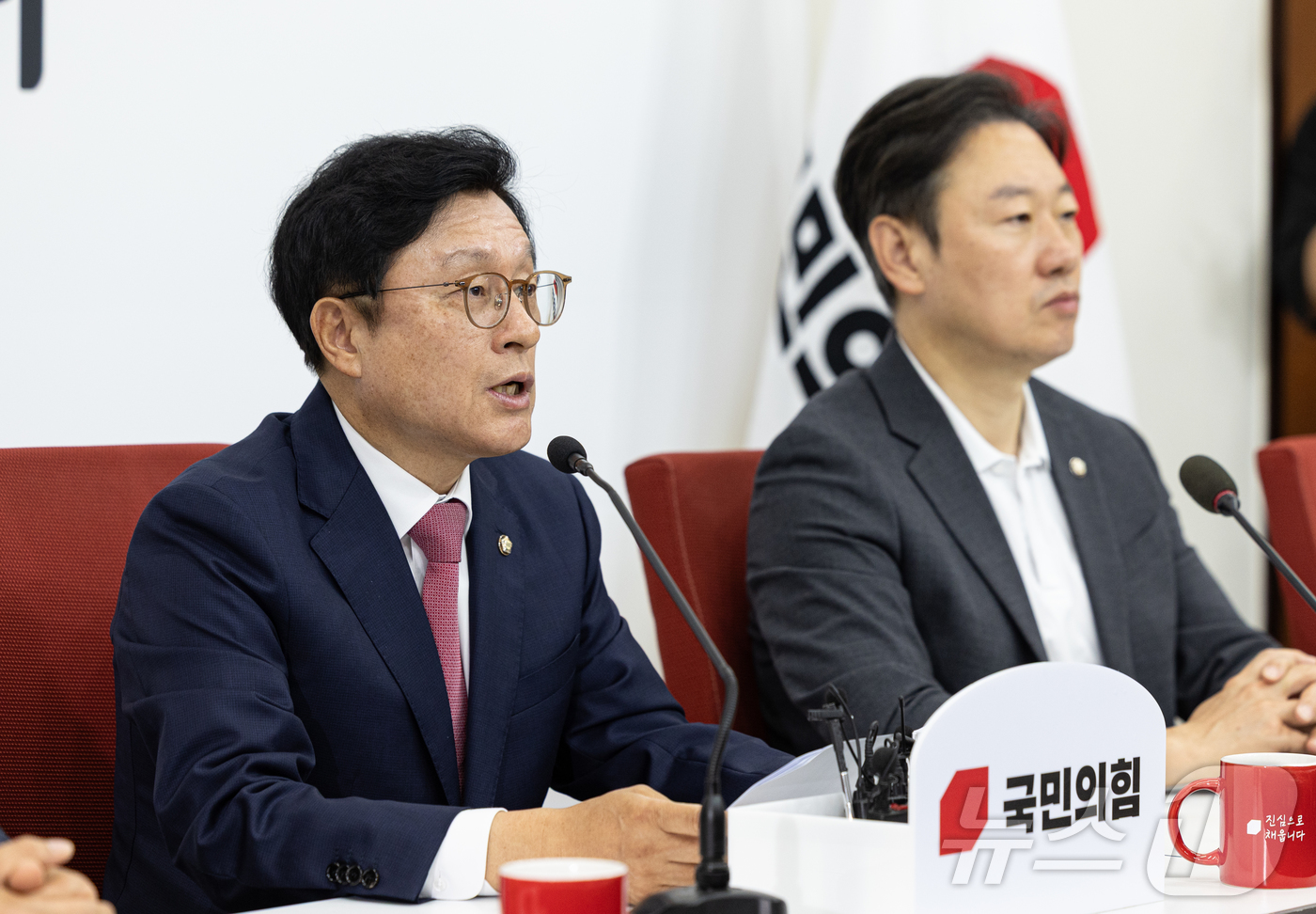 (서울=뉴스1) 이재명 기자 = 박형수 국민의힘 원내수석부대표가 13일 오전 서울 여의도 국회에서 현안 관련 기자간담회를 하고 있다. 2025.6.13/뉴스1