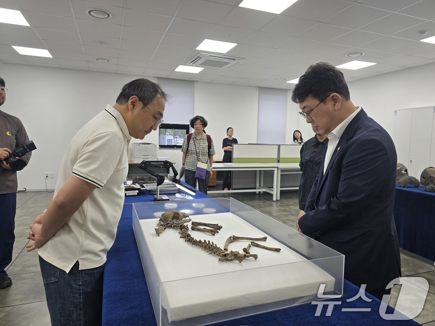 (서울=뉴스1) = 최응천 국가유산청장이 13일 경북 경주시 신라월성연구센터 숭문대를 찾아 월성에서 출토된 의례용 개 뼈를 관계자와 함께 살펴보고 있다. (국가유산청 제공. 재판매 …