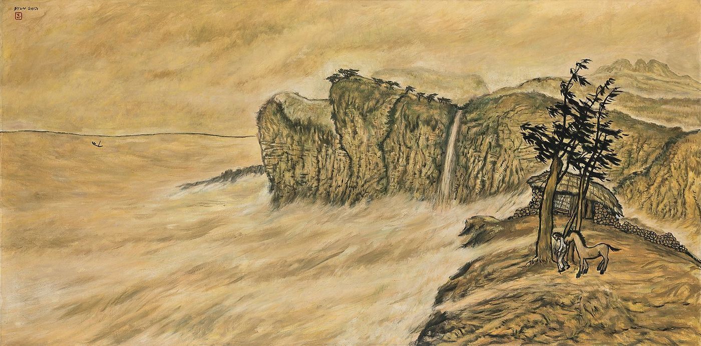 본문 이미지 - Lot. 30, 변시지, 1926-2013, [폭풍의 언덕], oil on canvas, 120.5&times;240.5cm, 1987, 2억원-5억원 (서울옥션 제공)