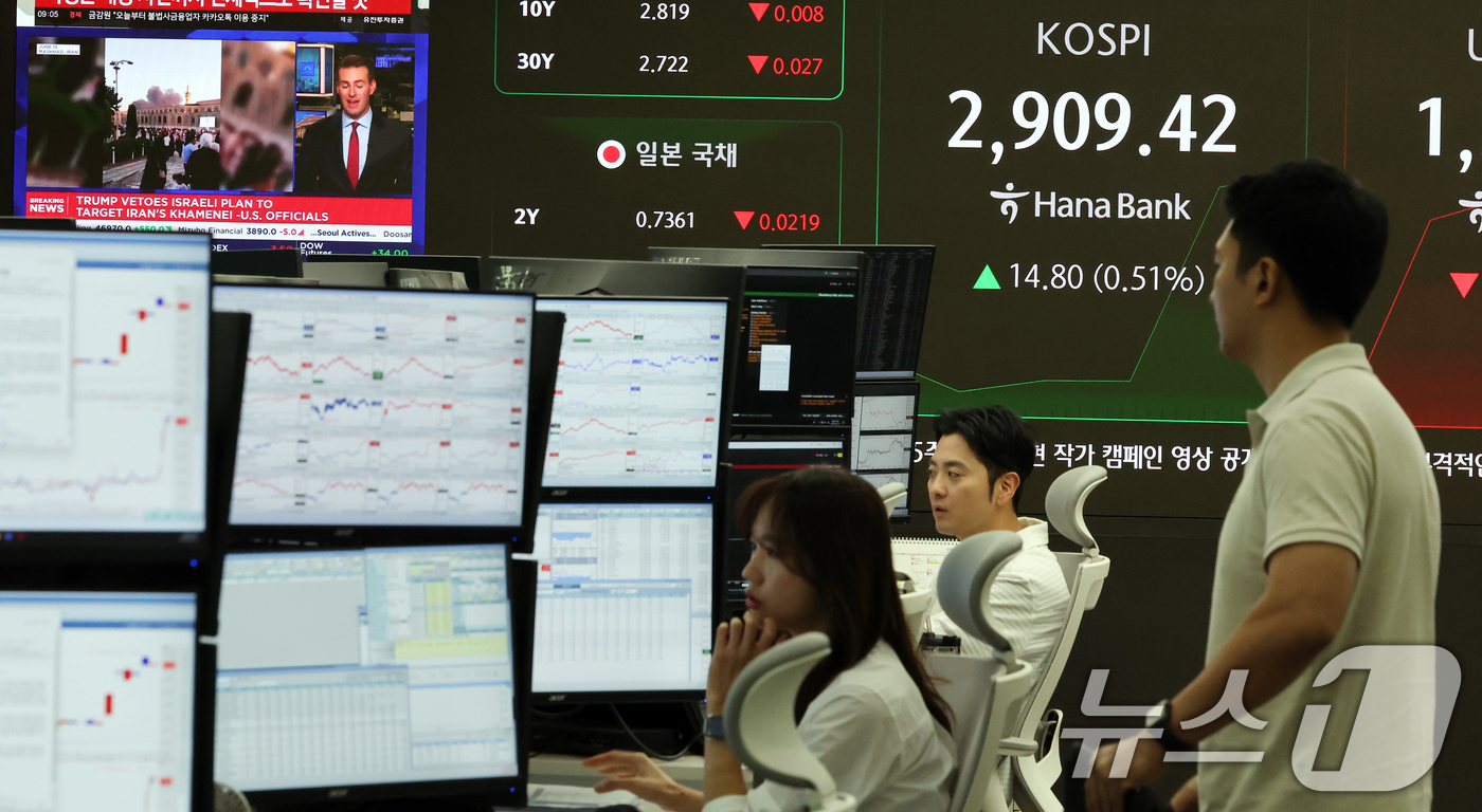 (서울=뉴스1) 황기선 기자 = 16일 오전 서울 중구 하나은행 딜링룸 전광판에 개장 시황이 나오고 있다.이날 코스피는 전 거래일 대비 8.88포인트(0.31%) 오른 2903.5 …