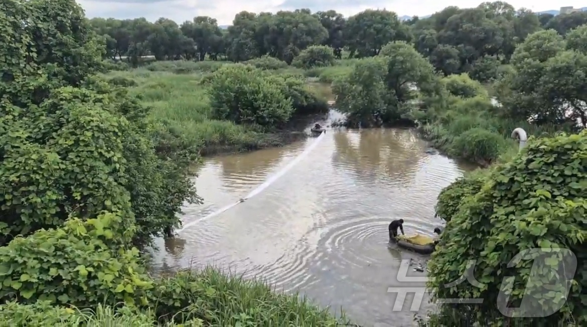 (광주=뉴스1) 최성국 기자 = 16일 광주 광산구 등에 따르면 지난 14일 광주 광산구 소촌동 금호타이어 광주공장 뒤편에서 나온 오염수가 공장과 인접한 황룡강 지류로 유출됐다고 …