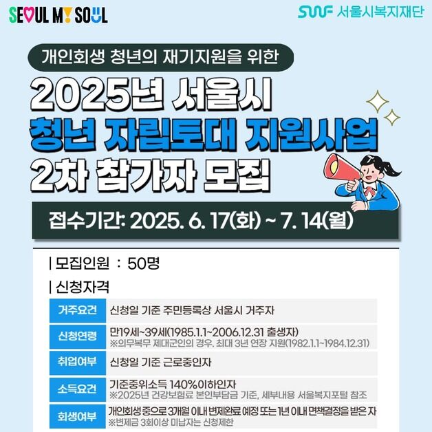 '개인회생 완주' 서울시청년자립토대지원사업 참가자 모집
