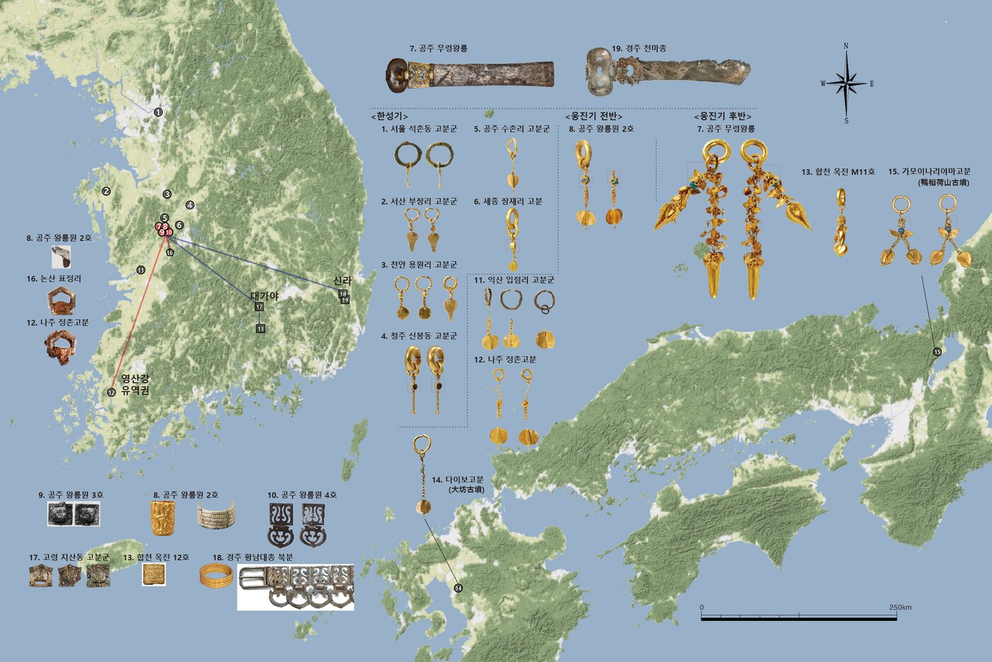 본문 이미지 - 공주 왕릉원 2호분 출토 귀걸이와 주요유물 분포도&#40;국가유산청 제공&#41;
