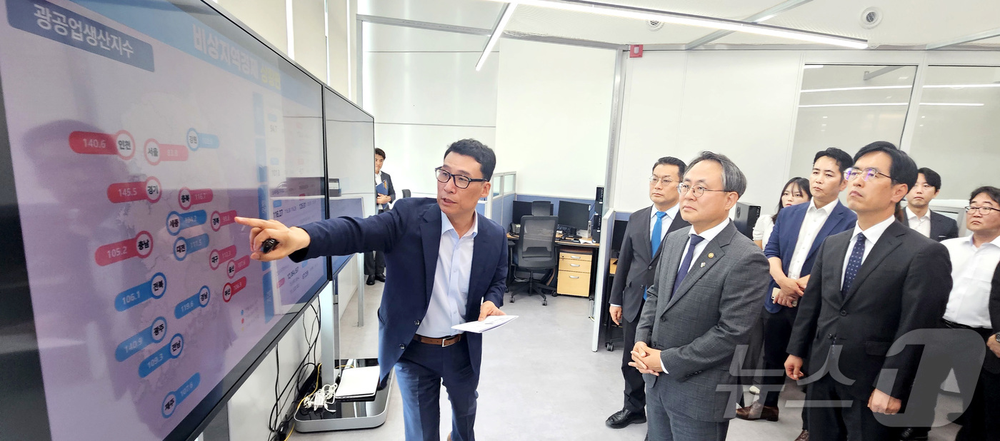 (세종=뉴스1) 김기남 기자 = 고기동 행정안전부 장관 직무대행이 17일 세종시 정부세종청사에서 비상지역경제 상황실 개소식에 참석하여 관계 공무원으로부터 운영 방향을 설명 듣고 있 …