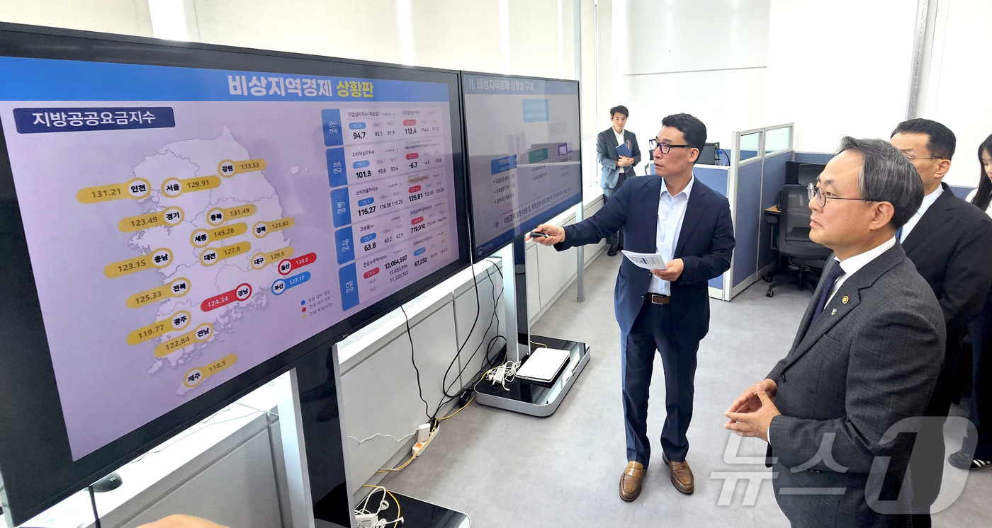 (세종=뉴스1) 김기남 기자 = 고기동 행정안전부 장관 직무대행이 17일 세종시 정부세종청사에서 비상지역경제 상황실 개소식에 참석하여 관계 공무원으로부터 운영 방향을 설명 듣고 있 …