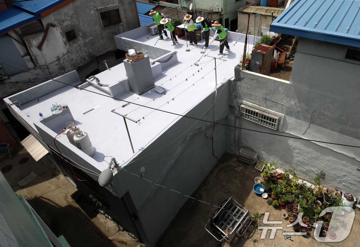 (부산=뉴스1) 윤일지 기자 = 17일 오후 부산 남구 문현2동 한 주택 옥상에서 '쿨루프' 작업에 참여한 자원봉사자들이 열차단 페인트를 칠하고 있다.이날 봉사엔 부산 7개 기업· …